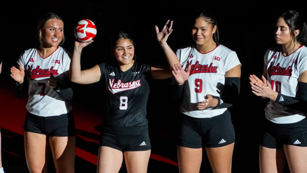 Oct 21, 2023; Lincoln, NE, USA;Nebraska Cornhuskers libero Lexi Rodriguez (8) before the match against the Wisconsin Badgers at the Bob Devaney Sports Center. Mandatory Credit: Dylan Widger-USA TODAY Sports